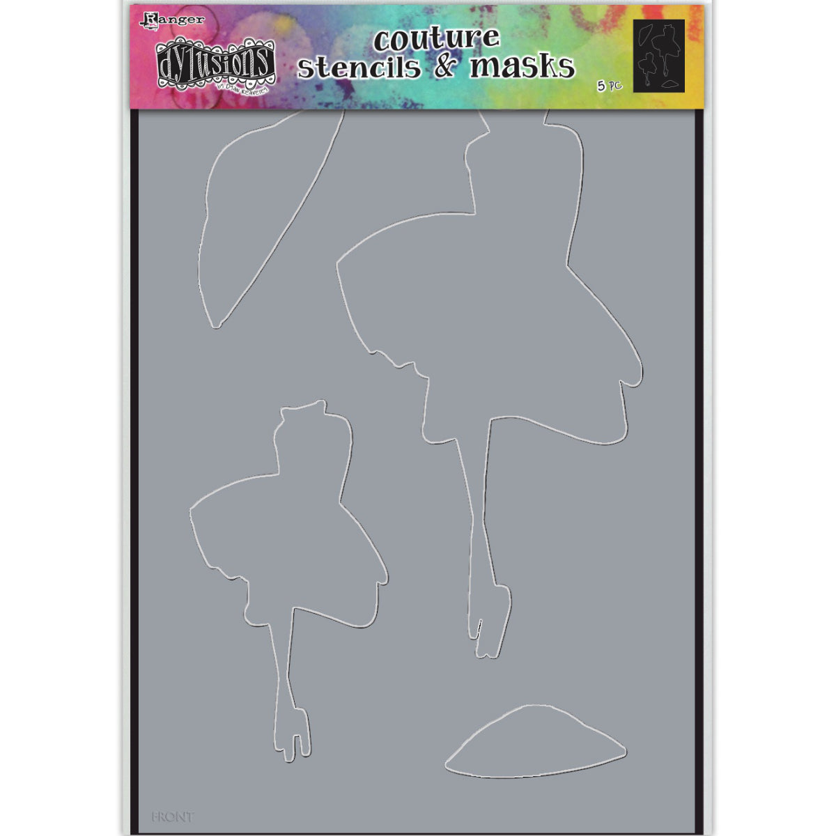 Walk in the Park - Couture Dylusions Stencil and Mask Set by Dyan Reaveley. Overall size 8 1/4" x 11 3/4". Silhouettes of stylish people in two sizes with their accessories. Walk in the Park stencil and mask set features two feminine silhouettes (person wearing a knee length dress and high heals, large and small) with sunhats.