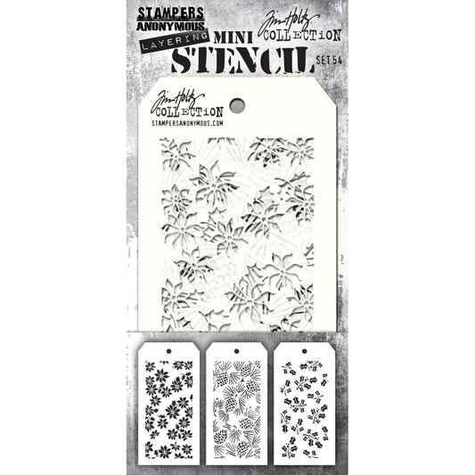 Set 54 - Mini Layering Stencils by Tim Holtz ... 3 (three) designs - Hollyberry, Pinecones, Tiny Poinsettia. One of each, approx 8cm x 16cm in size. (MTS054) by Stampers Anonymous.