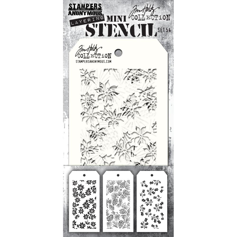 Set 54 - Mini Layering Stencils by Tim Holtz ... 3 (three) designs - Hollyberry, Pinecones, Tiny Poinsettia. One of each, approx 8cm x 16cm in size. (MTS054) by Stampers Anonymous. 