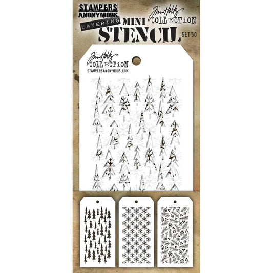 Tim Holtz Layering Mini Stencil - Set 50 - Gatherings Flurries and Tree Lot - 3 Stencils