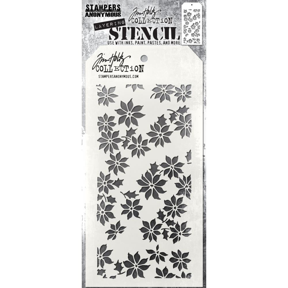 Tiny Poinsettia - Layering Stencil by Tim Holtz ... gathering of flowers and foliage of a poinsettia. Made by Stampers Anonymous (THS163), tag is approx 4" x 8 1/2" in size.