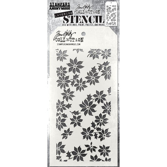 Tiny Poinsettia - Layering Stencil by Tim Holtz ... gathering of flowers and foliage of a poinsettia. Made by Stampers Anonymous (THS163), tag is approx 4" x 8 1/2" in size.