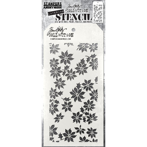 Tiny Poinsettia - Layering Stencil by Tim Holtz ... gathering of flowers and foliage of a poinsettia. Made by Stampers Anonymous (THS163), tag is approx 4" x 8 1/2" in size. 