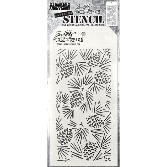 Pinecones - Layering Stencil by Tim Holtz ... gathering of pine cones and foliage. Made by Stampers Anonymous (THS164), tag is approx 4" x 8 1/2" in size.