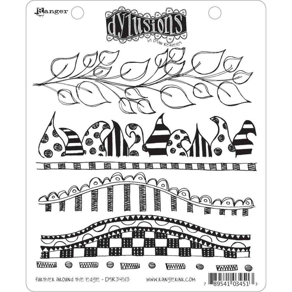 Further Around the Edge (DYR34513) ... rubber stamp set - Dylusions by Dyan Reaveley. This set includes 6 borders and lines in a variety of doodled designs featuring leaves, pointy tangles, dashed line, and wavy detailed edges, perfect for horizontal and vertical linework, frames, borders and creating scenery. Dyan Reaveley's stamps all are unique designs, high quality rubber and perfect for all art and craft projects.