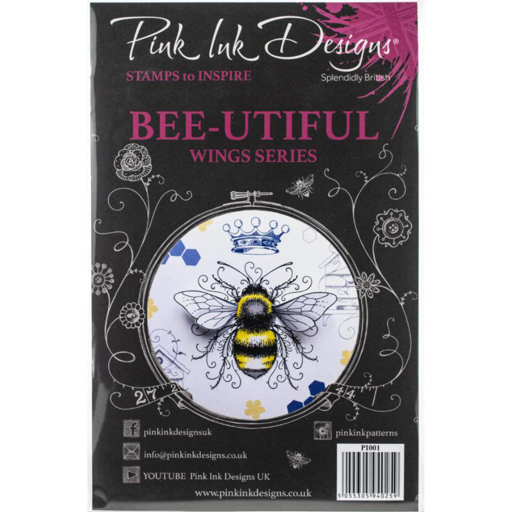 Bee-utiful - by Pink Ink Designs ... Set of 11 (eleven) clear cling stamps (wings Series, PI001). This beautiful set of stamps features a large friendly looking bee with detachable wings (handy), small friend and little silhouette bee, a crown, honeycomb patterns, wonderful beehive and a saying for us all to remember to 'bee awesome'. Each stamp is made of high quality clear photopolymer that is deeply etched to ensure all the beautifully drawn fine lines and intricate details print cleanly.