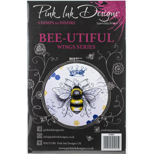 Bee-utiful - by Pink Ink Designs ... Set of 11 (eleven) clear cling stamps (wings Series, PI001). This beautiful set of stamps features a large friendly looking bee with detachable wings (handy), small friend and little silhouette bee, a crown, honeycomb patterns, wonderful beehive and a saying for us all to remember to 'bee awesome'. Each stamp is made of high quality clear photopolymer that is deeply etched to ensure all the beautifully drawn fine lines and intricate details print cleanly.