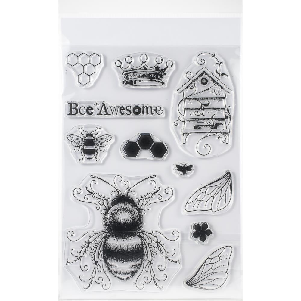 overview of Bee-utiful - by Pink Ink Designs ... Set of 11 (eleven) clear cling stamps (wings Series, PI001). This beautiful set of stamps features a large friendly looking bee with detachable wings (handy), small friend and little silhouette bee, a crown, honeycomb patterns, wonderful beehive and a saying for us all to remember to 'bee awesome'. Each stamp is made of high quality clear photopolymer that is deeply etched to ensure all the beautifully drawn fine lines and intricate details print cleanly.