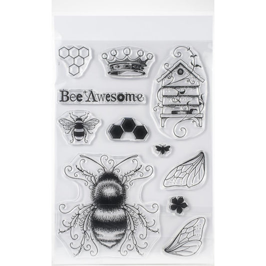 overview of Bee-utiful - by Pink Ink Designs ... Set of 11 (eleven) clear cling stamps (wings Series, PI001). This beautiful set of stamps features a large friendly looking bee with detachable wings (handy), small friend and little silhouette bee, a crown, honeycomb patterns, wonderful beehive and a saying for us all to remember to 'bee awesome'. Each stamp is made of high quality clear photopolymer that is deeply etched to ensure all the beautifully drawn fine lines and intricate details print cleanly.