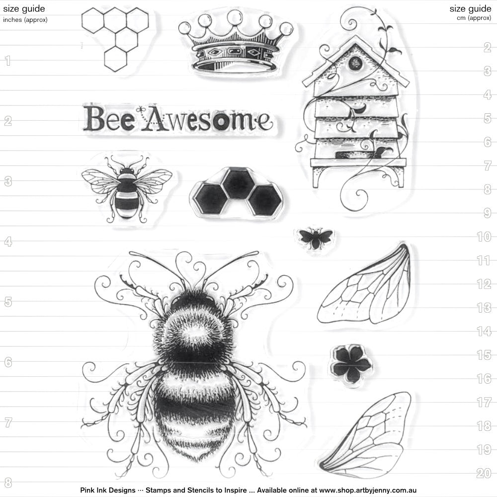 overview with size guide of Bee-utiful - by Pink Ink Designs ... Set of 11 (eleven) clear cling stamps (wings Series, PI001). This beautiful set of stamps features a large friendly looking bee with detachable wings (handy), small friend and little silhouette bee, a crown, honeycomb patterns, wonderful beehive and a saying for us all to remember to 'bee awesome'. Each stamp is made of high quality clear photopolymer that is deeply etched to ensure all the beautifully drawn fine lines print perfect each time.