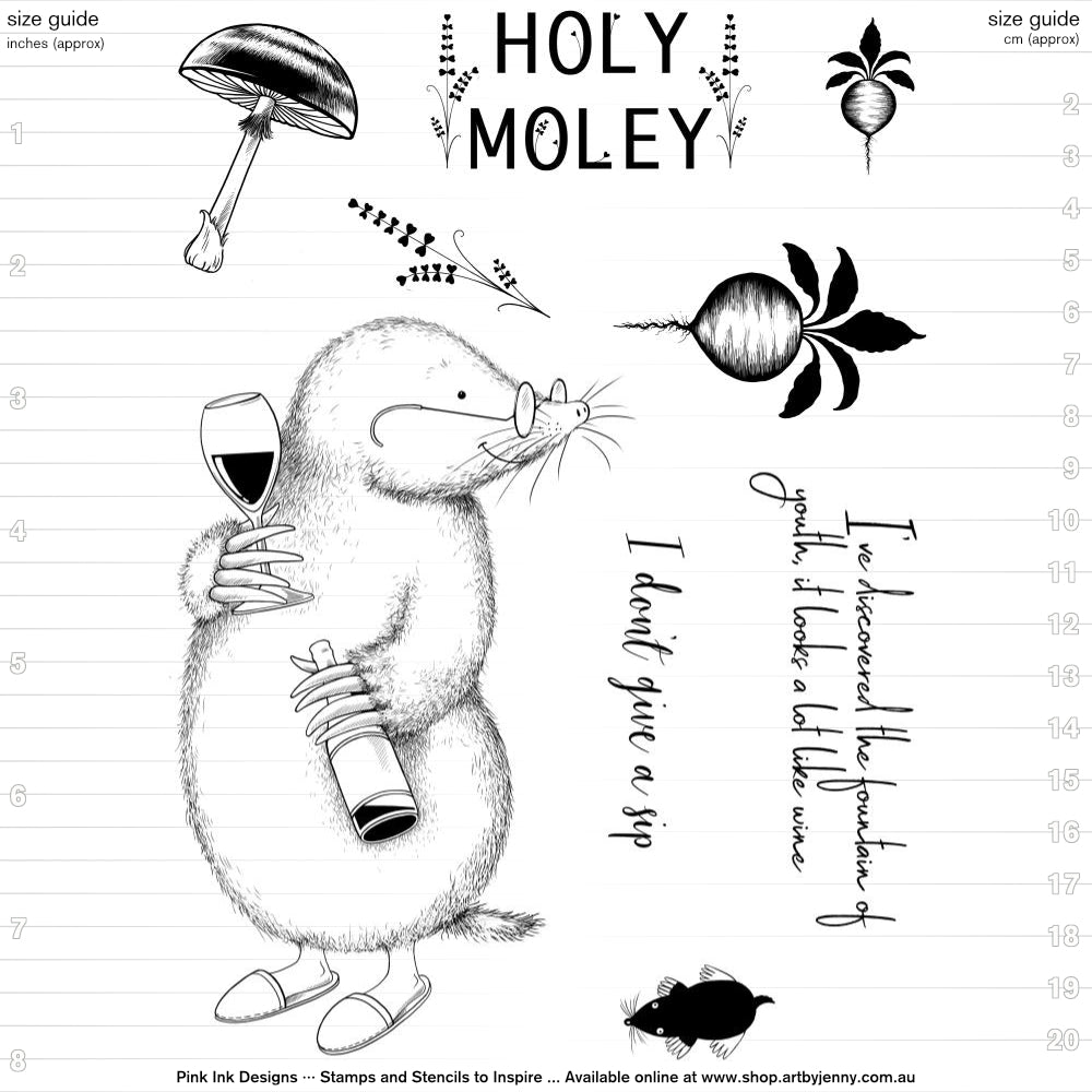 size guide for Holy Moley - Clear Stamp Set by Pink Ink Designs ... Set of 9 (nine) clear cling stamps. Fauna Series, PI152.