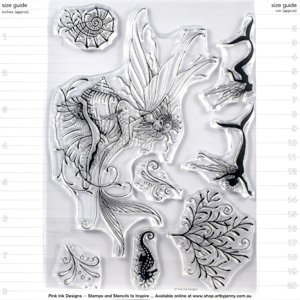 Shell Nymph, Nautical Series - Pink Ink Designs Stamp Set for sale at Art by Jenny in Australia. Product id PI026. This beautiful set of stamps features a mermaid sitting on a conch shell with 2 miniature silhouettes of water nymphs (fairies), a seahorse, sea snail shell, splashes and seaweed. Wonderful additions to creating your whimsical underwater world.