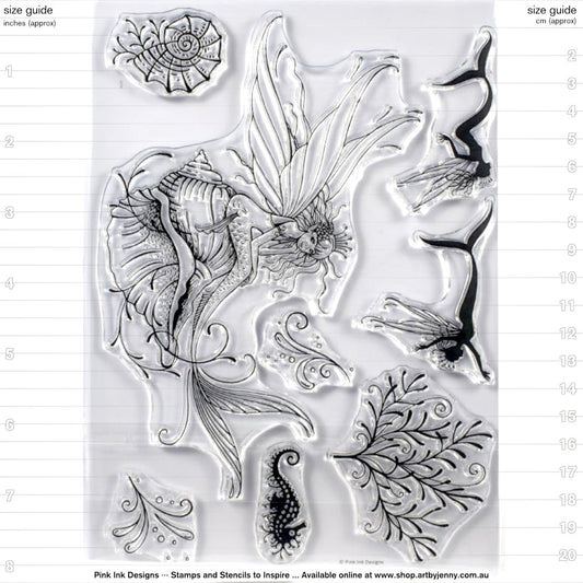 Shell Nymph, Nautical Series - Pink Ink Designs Stamp Set for sale at Art by Jenny in Australia. Product id PI026. This beautiful set of stamps features a mermaid sitting on a conch shell with 2 miniature silhouettes of water nymphs (fairies), a seahorse, sea snail shell, splashes and seaweed. Wonderful additions to creating your whimsical underwater world.