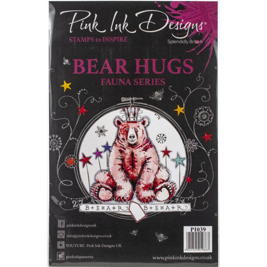 Bear Hugs - by Pink Ink Designs of the UK (pi039 )... Set of 16 (sixteen) clear cling stamps (fauna series) with a large sitting bear and other wonderful illustrations. Perfect for any occasion including birthdays, thank yous, stay safe, sending hugs, Christmas and Birthdays, any theme, any time of year - any excuse to create with a bear!