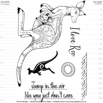 I Love Roo (kangaroos) - Clear Stamp Set by Pink Ink Designs ... Set of 6 (six) clear cling stamps. Fauna Series, PI165. image showing dimensions