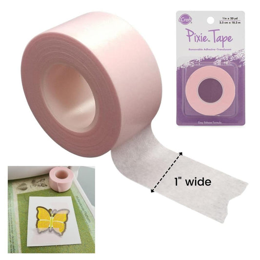 Pixie Tape Removable Adhesive - by iCraft, Thermoweb - 25mm (1") wide semi translucent with a pink tint. Temporary painter's tape for diecutting, painting, holding items still, general helper in the craft room. Photo is showing the width of tape with inset showing example of use and how translucent it is.