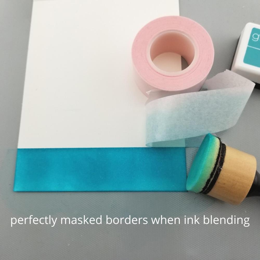 Pixie Tape Removable Adhesive - by iCraft, Thermoweb - 25mm (1") wide semi translucent with a pink tint, temporary masking tape. Photo is showing how to use Pixie Tape to mask of areas and create clean edged banners and strips easily.