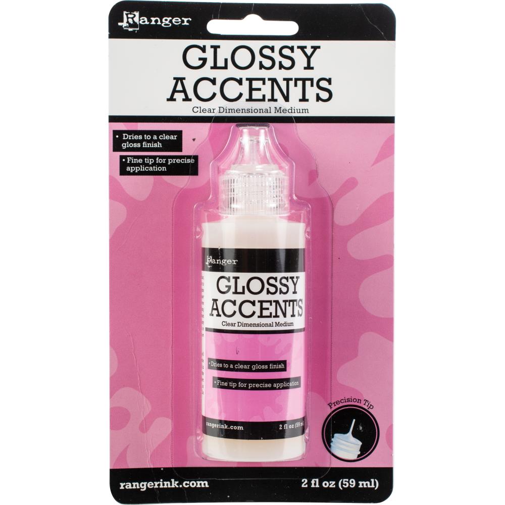 Glossy Accents ... by Ranger - crystal clear dimensional varnish and adhesive, 59ml (2 fl oz) bottle with fine precision tip. Glossy Accents by Ranger is a permanent glue and shiny crystal clear dimensional varnish in one. With a precision tip, it is perfect for creating fine detailed lines that dry 3D (three dimensional) or spots as tiny as a pin tip. Use as a resist, varnish, domed droplets or lines, adding shiny highlights anywhere on your art (whether canvas, paper, wood, chipboard, fabrics).