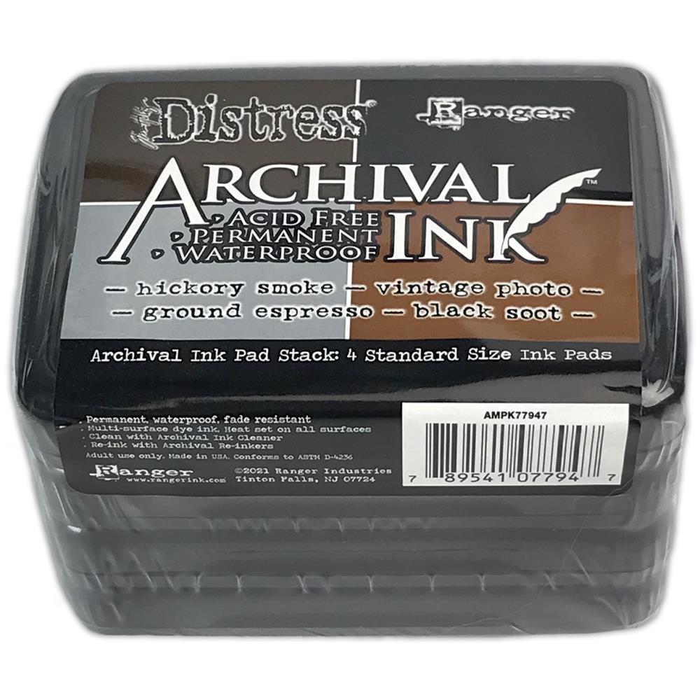 Distress Archival Ink Pad Stack ... by Tim Holtz and Ranger - Set of 4 (four) Archival Ink full sized stamp pads in Black Soot, Ground Espresso, Vintage Photo, Hickory Smoke. Archival Inks are permanent, waterproof, archival and acid free, dye based ink pads provide lasting stamping results on many surfaces. Get a crisp image that does not bleed under water-based inks, markers and watercolours.