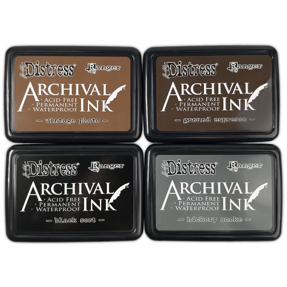 Distress Archival Ink Pad Stack ... by Tim Holtz and Ranger - Set of 4 (four) Archival Ink full sized stamp pads in Black Soot, Ground Espresso, Vintage Photo, Hickory Smoke. Archival Inks are permanent, waterproof, archival and acid free, dye based ink pads provide lasting stamping results on many surfaces. Get a crisp image that does not bleed under water-based inks, markers and watercolours.