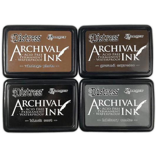 Distress Archival Ink Pad Stack ... by Tim Holtz and Ranger - Set of 4 (four)  Archival Ink full sized stamp pads in Black Soot, Ground Espresso, Vintage Photo, Hickory Smoke. Archival Inks are permanent, waterproof, archival and acid free, dye based ink pads provide lasting stamping results on many surfaces. Get a crisp image that does not bleed under water-based inks, markers and watercolours.
