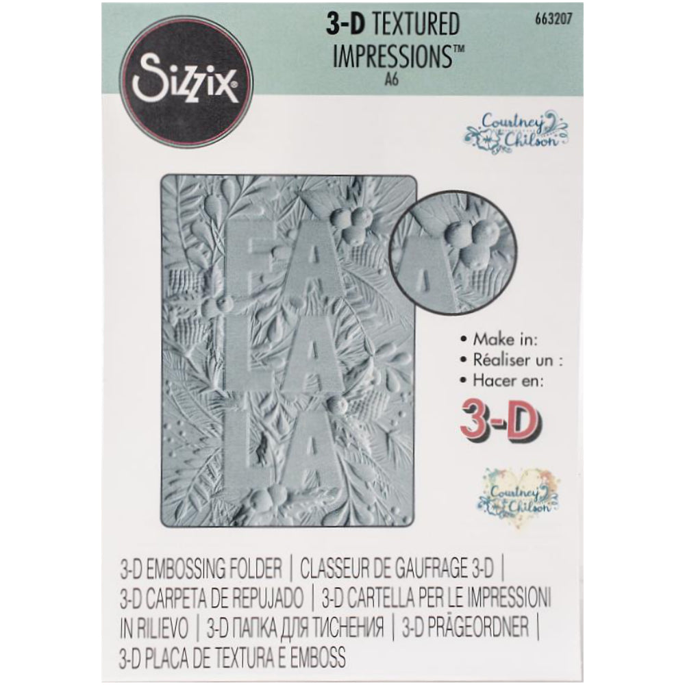 Fa La La - 3D Textured Impressions Embossing Folder ... designed by Courtney Chilson for Sizzix. Product no.663207. 
Fa La La is a beautiful festive design featuring the words "fa la la" in a bold uppercase typestyle, surrounded by a stunning foliage and berries covering the whole surface of the A6 embossing folder (4 1/4" x 6 1/4").