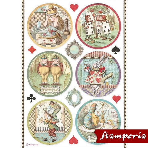 Curious Friends in Rounds - Alice in Wonderland Series ... by Stamperia. Printed Rice Tissue Paper - 1 (one) x A4 (21cm x 29.7cm or 8 1/4" x 11 3/4") sheet. 6 (six) circles or rounds, each 3 5/8" x 3 5/8" (92mm x 92mm) in a variety of colour ways. Plus a few extras like suit shapes and frames. 