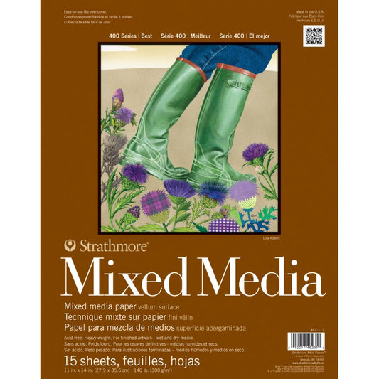 cover of Strathmore Artist Papers(tm) Mixed Media Paper (vellum surface) series 400 (best) for papercrafts, painting and visual arts. Pad of white heavyweight smooth with very light tooth, acid free, 140lb (300 gsm), 11x14 inch (27.9cm x 35.6cm), for wet and dry media. Cover design by Lisa Adams.