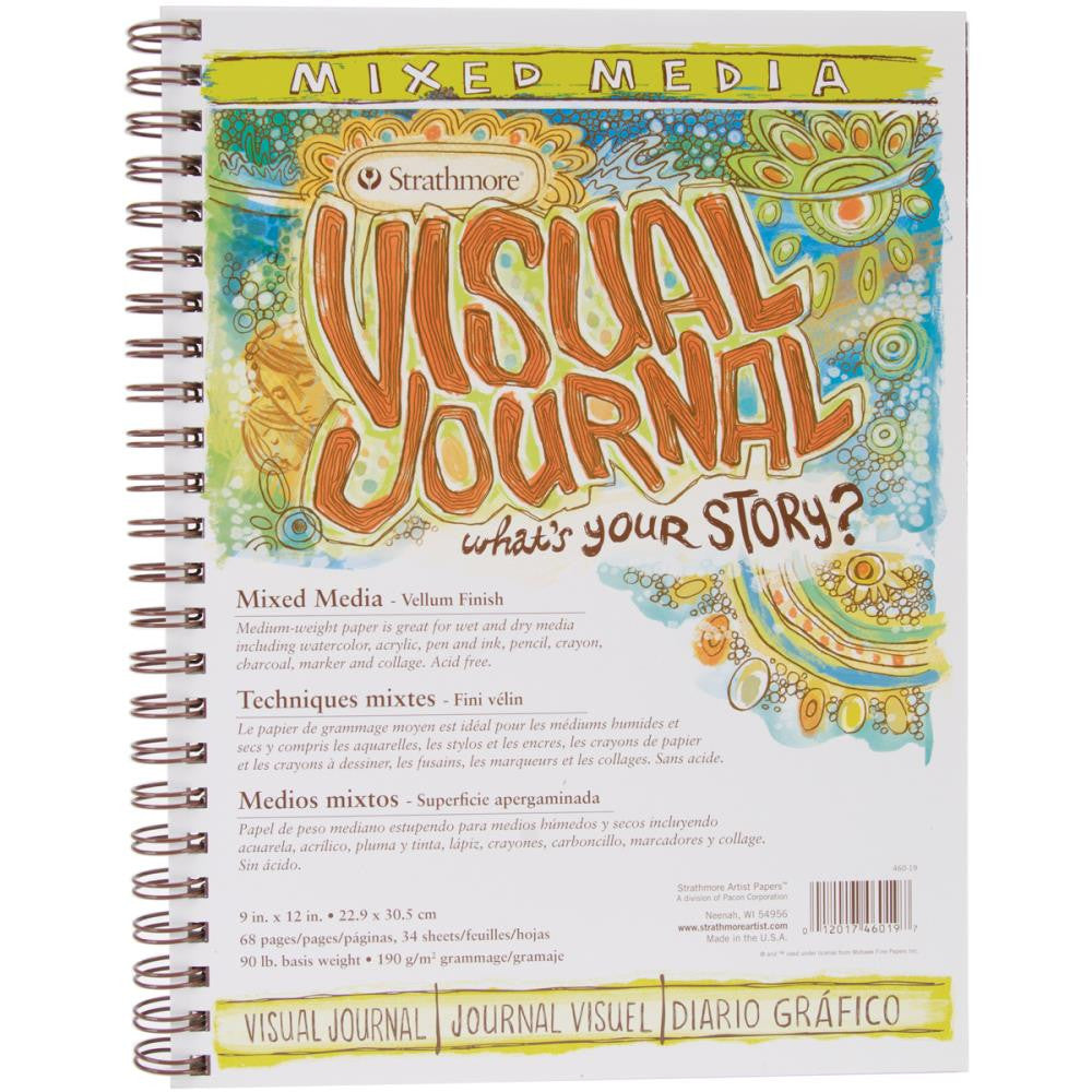 Mixed Media Visual Journal - Strathmore ... 9x12 inch (22.9cm x 30.5cm), white medium weight 100% cotton paper, vellum (smooth toothy) finish, all mediums wet and dry. Wire bound blank book, 90lb (190gsm) paper, 34 sheets (68 pages). This large yet portable sized Strathmore art journal filled with beautiful to use mixed media paper is a great size for travelling, at home, in the outback, everyday creativity everywhere you go.
