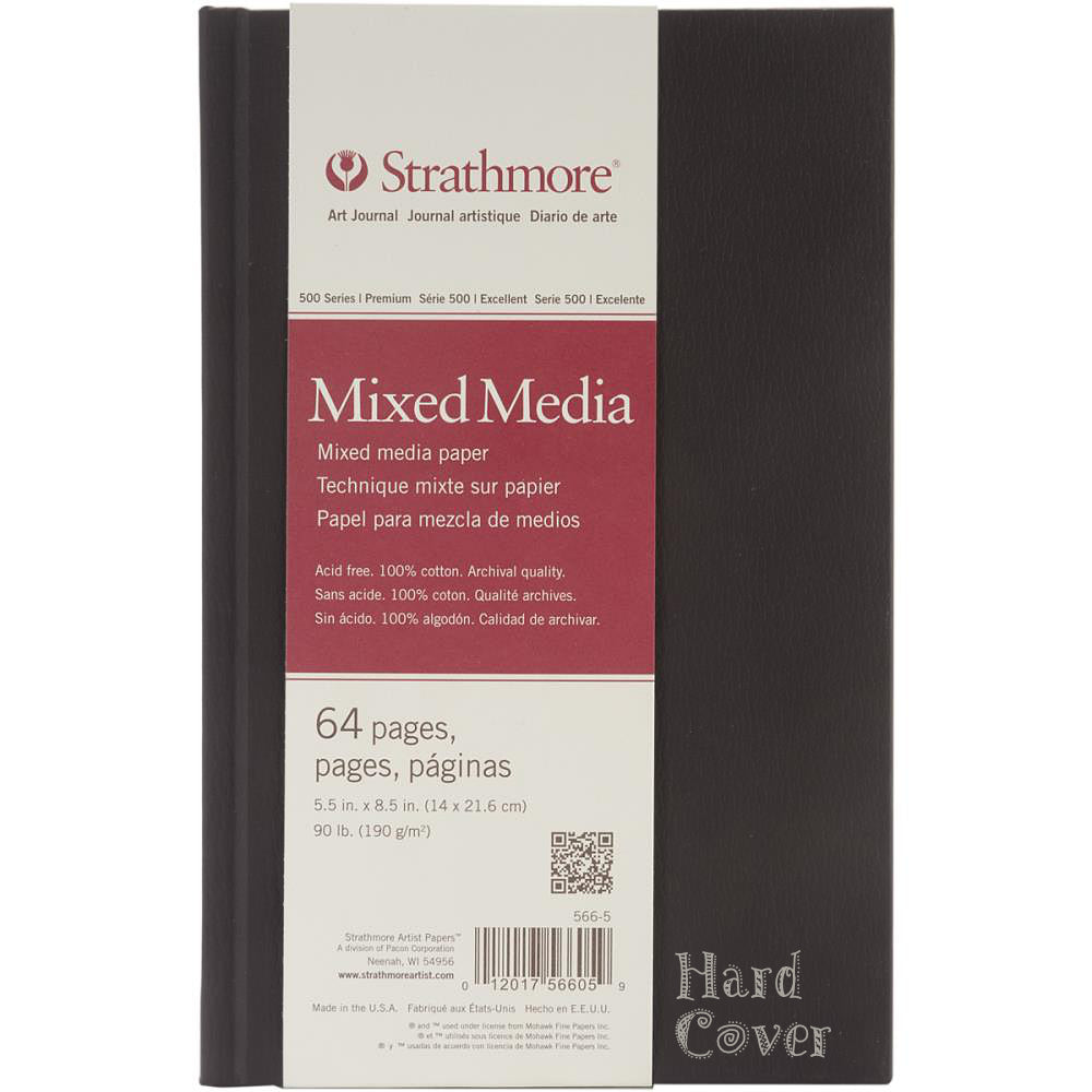 Mixed Media Journal - 14cm x 21.6cm (5.5" x 8.5") ... by Strathmore . Small travel sized blank book with natural white, medium weight 90lb 190gsm, smooth vellum mixed media paper. Hardcover, series 500 (excellent), 64 pages (32 sheets). The perfect size for creating, painting and drawing everywhere you go and being hardback, you can create without a table. The pages are a high quality mixed media paper, a versatile surface for wet and dry techniques using all your favourite supplies. Photo of cover.