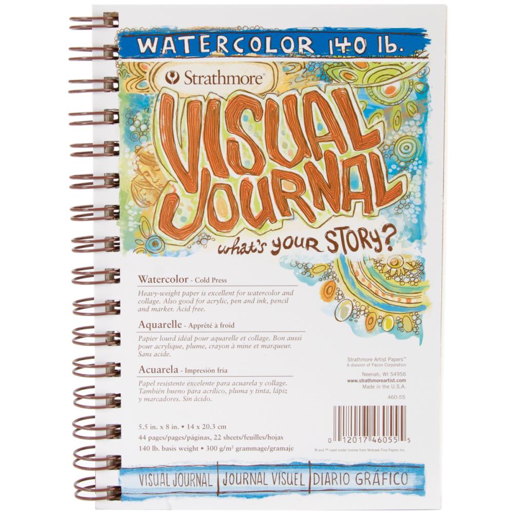 Visual Journal - Watercolour Paper, White Heavyweight - Strathmore ... 5.5"x8" (14cm x 20.3cm), cold press surface, rough texture. Wire bound blank book, 140lb (300gsm) heavy weight paper, 22 sheets.
This portable Strathmore art journal filled with watercolour paper is a great size for travelling, at home, in the outback, everyday creativity everywhere you go. Use this wonderful versatile paper to paint, draw and colour, create an art diary, document days or make a masterpiece.
