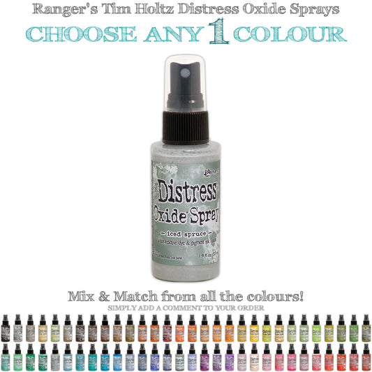 Tim Holtz Distress Oxide Spray Stains to use for quick and easy colourful coverage on porous surfaces (fabric, ribbons, papers, chipboard, wood). Spray through stencils, layer colours, spritz or flick with water and watch the colours mix and blend. Fantastic for all kinds of visual arts including cardmaking, scrapbooking, mixed media and journaling. Made by Ranger - For sale in Australia at Art by Jenny