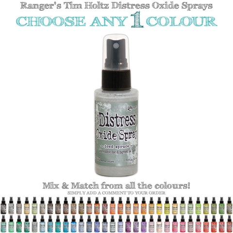Tim Holtz Distress Oxide Spray Stains to use for quick and easy colourful coverage on porous surfaces (fabric, ribbons, papers, chipboard, wood). Spray through stencils, layer colours, spritz or flick with water and watch the colours mix and blend. Fantastic for all kinds of visual arts including cardmaking, scrapbooking, mixed media and journaling. Made by Ranger - For sale in Australia at Art by Jenny