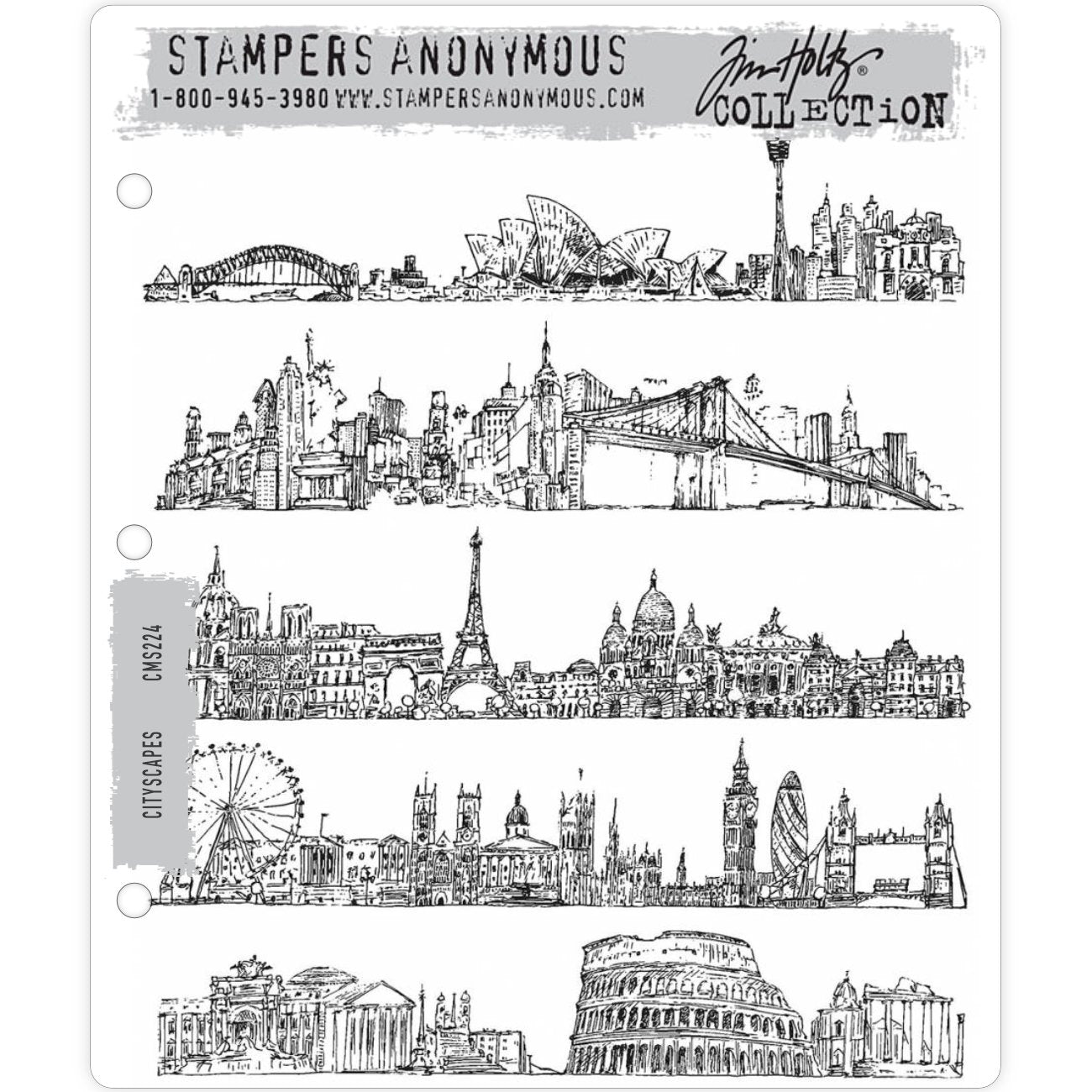 Cityscapes ... 5 (five) rubber stamps by Tim Holtz (CMS224) - cities of our world. A set of detailed illustrations featuring 5 popular cities from all around the world. Places include Sydney in Australia; Paris, France; London, England UK; New York, USA; Rome in Italy. Sizes (approx) : each landscape is 1 1/2" deep x 6 3/8" wide.