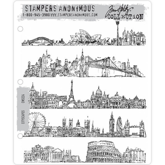 Cityscapes ... 5 (five) rubber stamps by Tim Holtz (CMS224) - cities of our world.  A set of detailed illustrations featuring 5 popular cities from all around the world. Places include Sydney in Australia; Paris, France; London, England UK; New York, USA; Rome in Italy.  Sizes (approx) : each landscape is 1 1/2" deep x 6 3/8" wide.