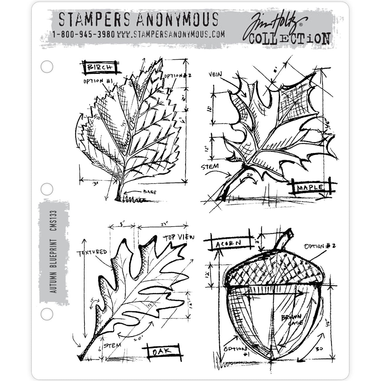Tim Holtz Stampers Anonymous cling mounted red rubber stamps featuring Autumn leaves and an acorn in the Blueprint style.