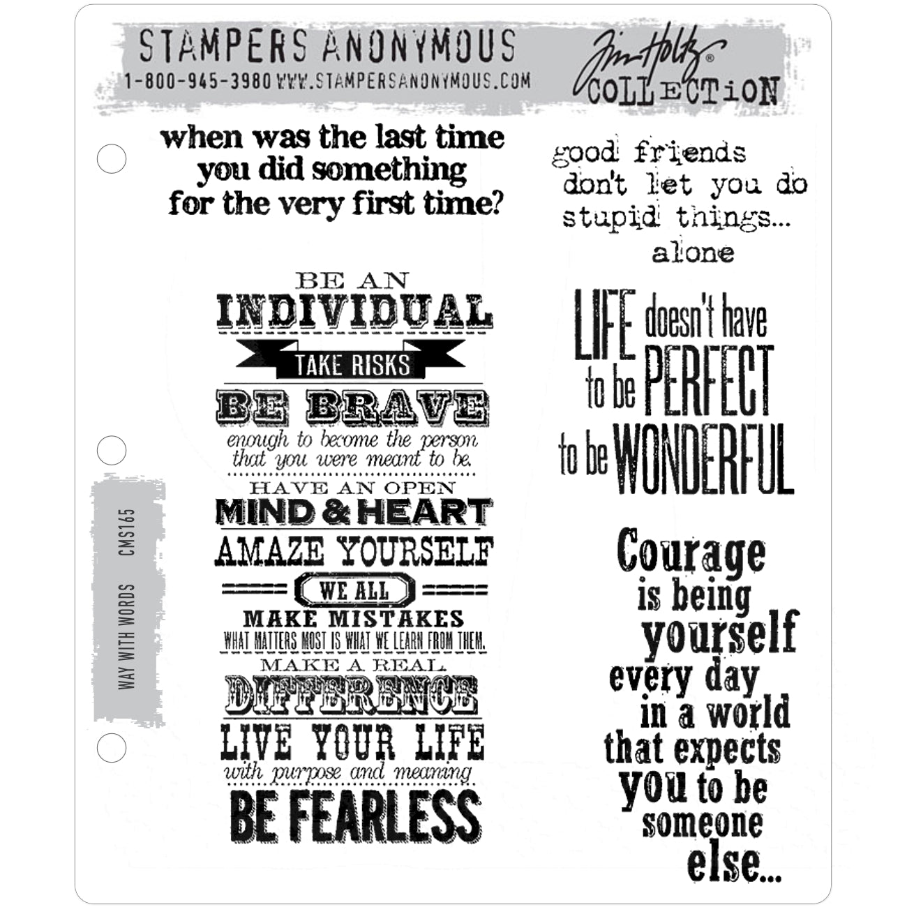 Way With Words ... by Tim Holtz and Stampers Anonymous (cms165). 5 (five) rubber stamps featuring wise quotes in wonderful typographical layouts. Add these mindful messages to your next journal page or greeting card. Each quote is in a different typestyle and layout, from artistic to simple typewriter style lettering. Perfect for cards, tags, journaling, scrapbooking, memory keeping, planners, off the page crafts, stamping and other papercraft projects.