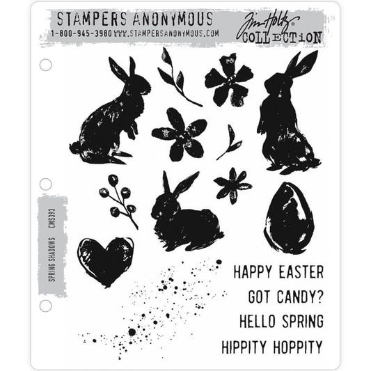 Spring Shadows ... 16 rubber stamps by Tim Holtz (CMS393). A beautiful collection of 3 (three) rabbits with flowers, leaves, a heart, an egg, sparkles (or speckles) and 4 sayings : Happy Easter, Got Candy?, Hello Spring, Hippity Hoppity.&nbsp;Designed as silhouettes that can be adapted to have eyes, fluffy tails and other features with a few marks of a pen.  