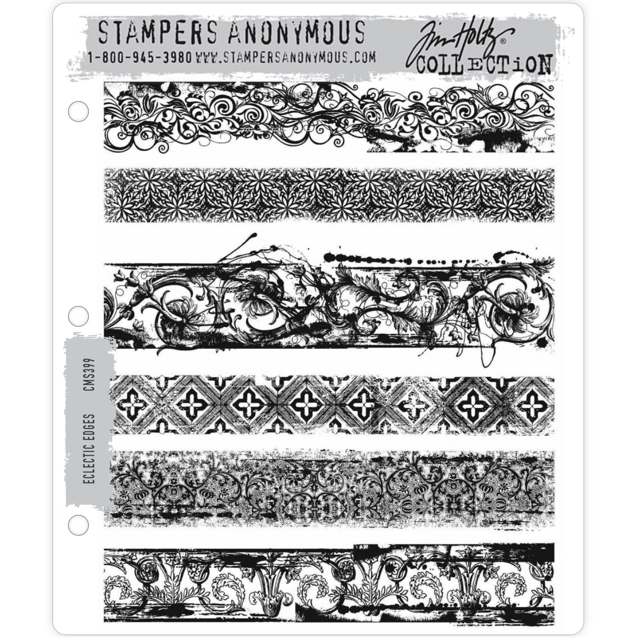 Eclectic Edges ... 6 versatile rubber stamps by Tim Holtz and Stampers Anonymous (CMS399). Beautiful vintage engravings and lace patterns of borders, dividers or edging strips for mixed media, scrapbooking, papercrafts and visual arts.. Sizes (approx) : Each measures 6" wide.