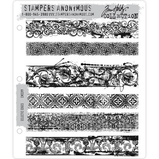 Eclectic Edges ... 6 versatile rubber stamps by Tim Holtz and Stampers Anonymous (CMS399). Beautiful vintage engravings and lace patterns of borders, dividers or edging strips for mixed media, scrapbooking, papercrafts and visual arts.. Sizes (approx) : Each measures 6" wide.