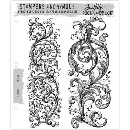 Baroque ... 2 versatile large rubber stamps by Tim Holtz (CMS400).  What a gorgeous vintage styled pair of stamps. Each design is intricately designed with ornate scrolls, floral overtones and engraved style elements. Use as borders, edging, dividers, background images, anything!  There are 2 stamps in this set, perfect for every occasion that requires stamping, inking, journaling, creating intriguing backgrounds for art, cards and journals plus any other creative moments.
