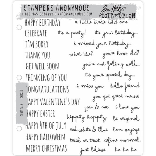 Crazy Talk ... 33 rubber stamps by Tim Holtz (cms236) and Stampers Anonymous. These are perfect for cardmaking, memory keeping, scrapbooking, art journaling, mixed media as well as all kinds of visual arts and papercraft projects.  It also includes the regular sayings - Happy Birthday, Celebrate, I'm Sorry, Thank You, Get Well Soon, Thinking of You, Congratulations, Happy Valentine's Day, Happy Easter, Happy 4th of July, Happy Halloween and Merry Christmas.