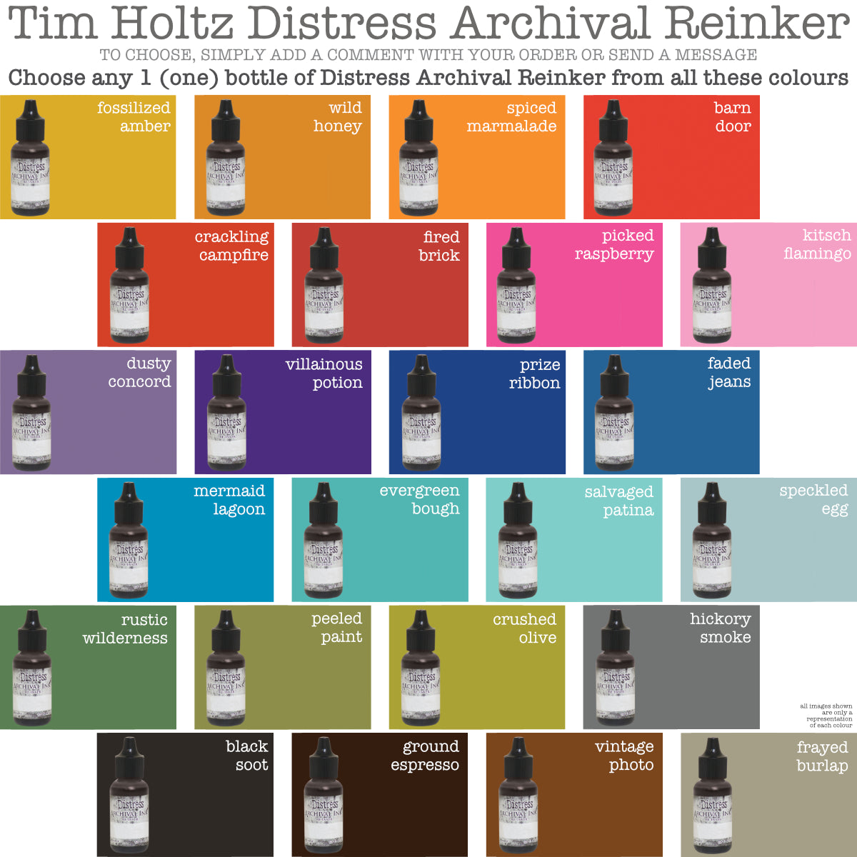 Tim Holtz Distress Archival Ink Reinker Refill Bottles for sale at Art by Jenny in Australia, pictured in rainbow order :)