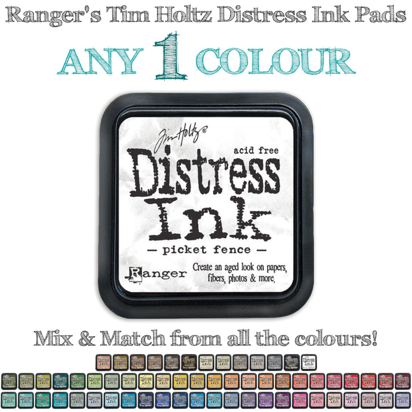 Distress Ink Pad - by Tim Holtz, Ranger ... Choose any 1 colour from all the beautiful colours in Ranger's Tim Holtz® Distress Ink range (3"x3" sized stamp pad).  Distress Ink Pads by Tim Holtz and Ranger are a water-soluble dye based inks (the white, Picket Fence, is a pigment based) that are great for stamping, staining, colouring, painting, distressing, bookmaking, journaling, scrapbooking, mixed media and other papercrafts and visual arts. At Art by Jenny in Australia 