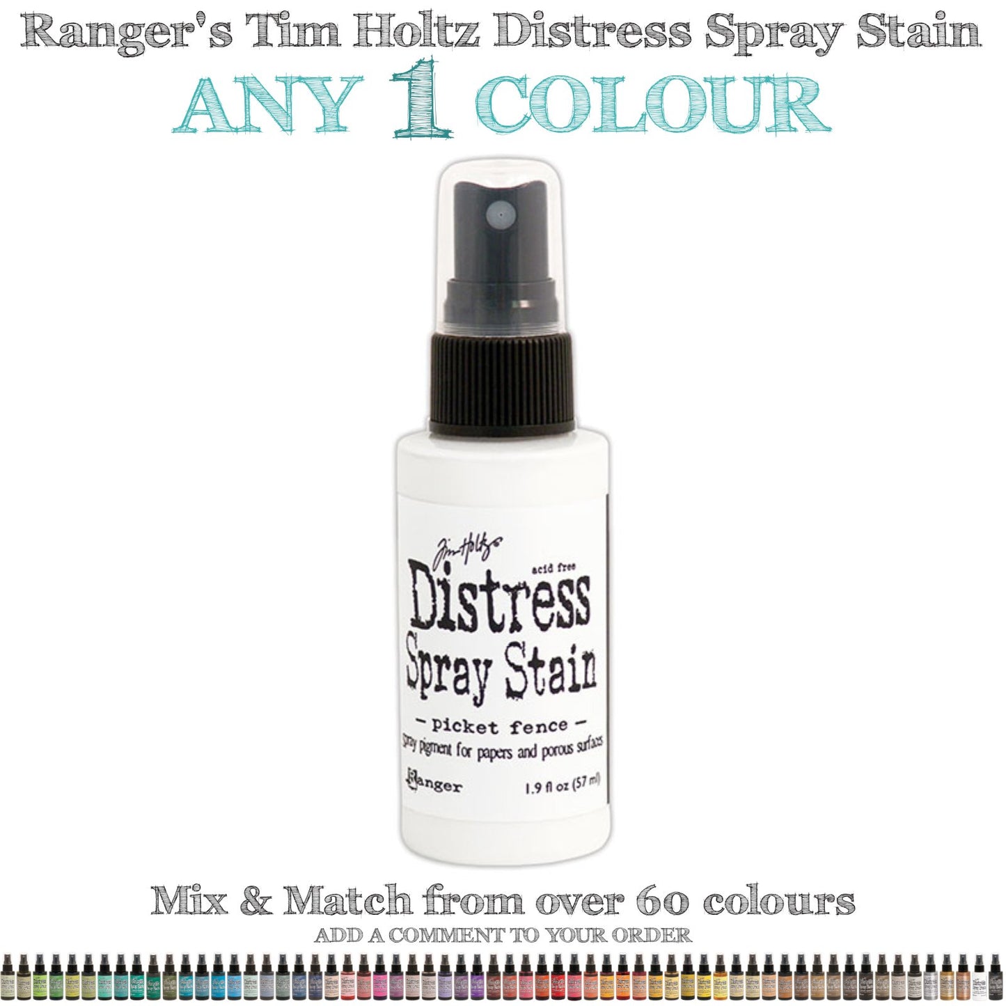 Tim Holtz Distress Spray Stains to use for quick and easy colourful coverage on porous surfaces (fabric, ribbons, papers, chipboard, wood). Spray through stencils, layer colours, spritz or flick with water and watch the colours mix and blend. Fantastic for all kinds of visual arts including cardmaking, scrapbooking, mixed media and journaling. Made by Ranger - For sale in Australia from Art by Jenny