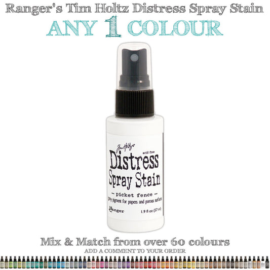 Tim Holtz Distress Spray Stains to use for quick and easy colourful coverage on porous surfaces (fabric, ribbons, papers, chipboard, wood). Spray through stencils, layer colours, spritz or flick with water and watch the colours mix and blend. Fantastic for all kinds of visual arts including cardmaking, scrapbooking, mixed media and journaling. Made by Ranger - For sale in Australia from Art by Jenny