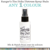 Tim Holtz Distress Spray Stains to use for quick and easy colourful coverage on porous surfaces (fabric, ribbons, papers, chipboard, wood). Spray through stencils, layer colours, spritz or flick with water and watch the colours mix and blend. Fantastic for all kinds of visual arts&nbsp;including cardmaking, scrapbooking, mixed media and journaling. Made by Ranger - For sale in Australia from Art by Jenny 