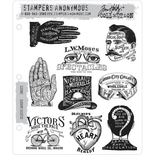 Eclectic Adverts ... by Tim Holtz and Stampers Anonymous - Set of 9 unique cling rubber stamps (cms372) featuring hands, hats, a heart, portraits, a question mark and more, each unique and wonderful to use in art.  This fantastic set of Tim Holtz Stamps features different designs of advertisements for bicycles, heart remedies, gardening, wheel makers, collars, soap, hatters, spectacles and more.