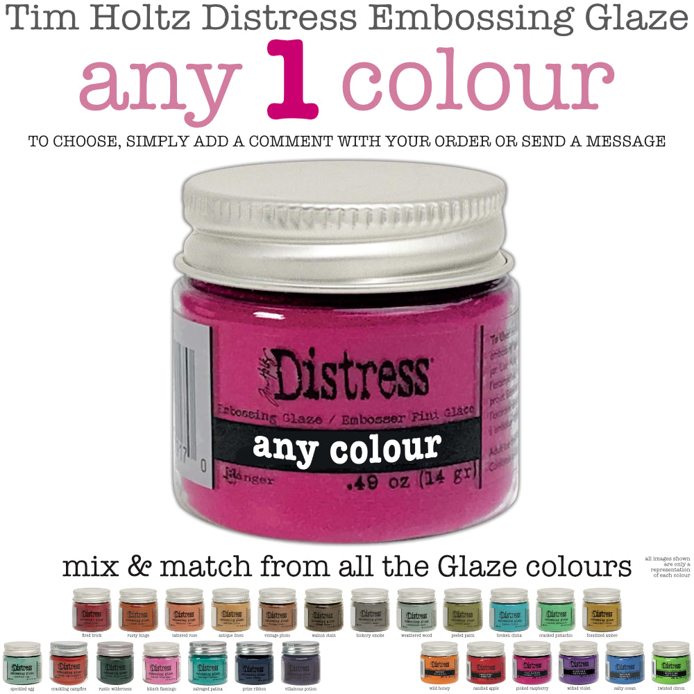 Distress Embossing Glaze by Tim Holtz and Ranger. Distress Embossing Glaze is a fine embossing powder that once melted with a heat tool, creates a colourful tinted semi translucent and slightly textured glazing effect (like a varnish or enamel). Ideal for lettering, stamped images, stenciled areas, abstracts, backgrounds, cardmaking, mixed media, visual arts. Layer over other Distress inks, paints and stains for an unlimited colour palette.