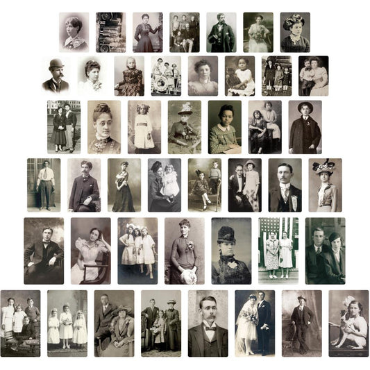 overview of Tim Holtz Idea-Ology Found Relatives - 45 Vintage Photographic Portraits - an eclectic gathering of photos to use in arts and crafts. This collection of photographs are from a bygone era. Each photo features relatives or friends, favourite people, long lost Aunt - they can be whoever you want them to be! Each photo is trimmed with rounded corners, printed on high quality, study cardstock, beautifully printed in tones of sepia (dark brown), black and white.